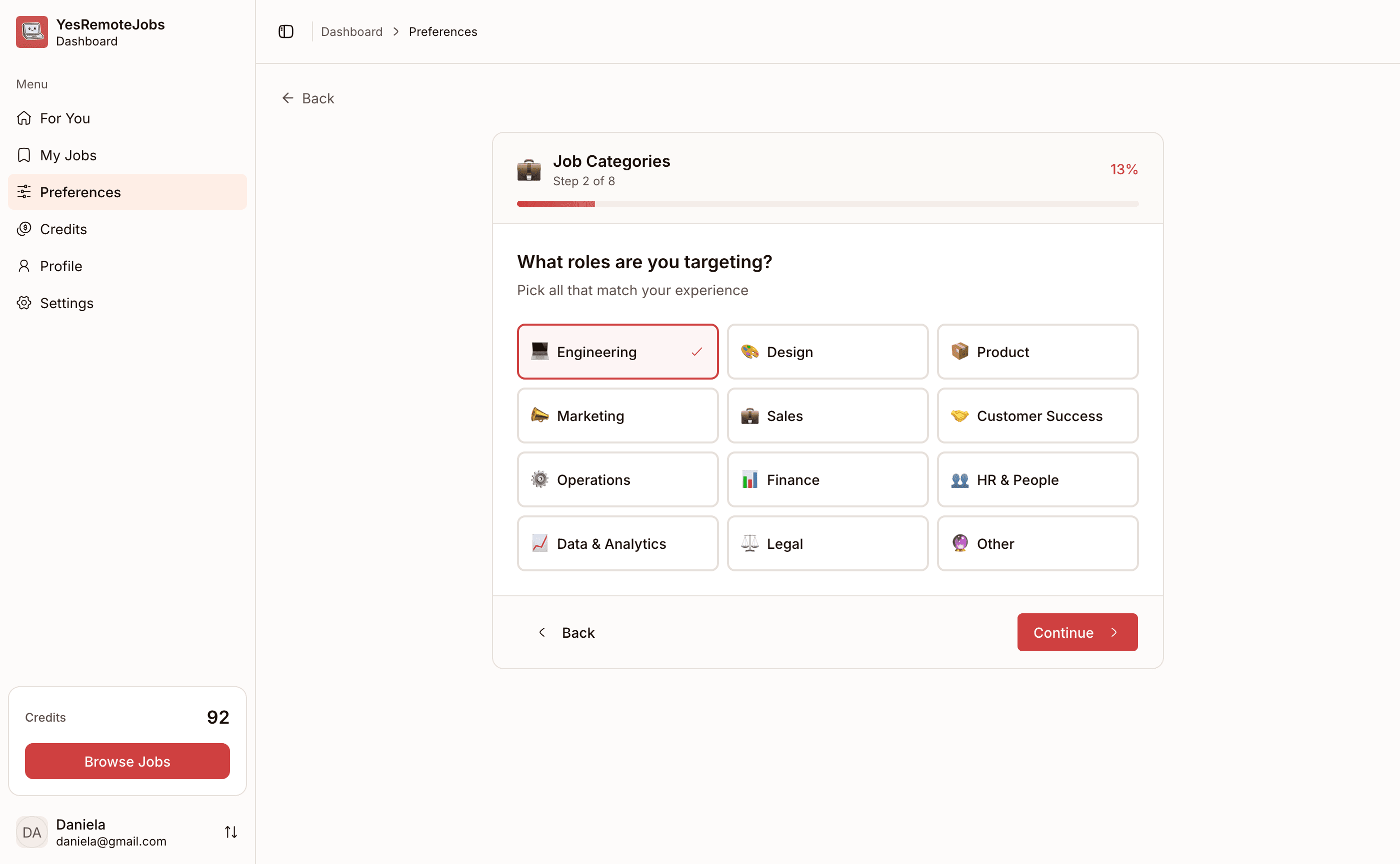 Preferences setup with job categories selection